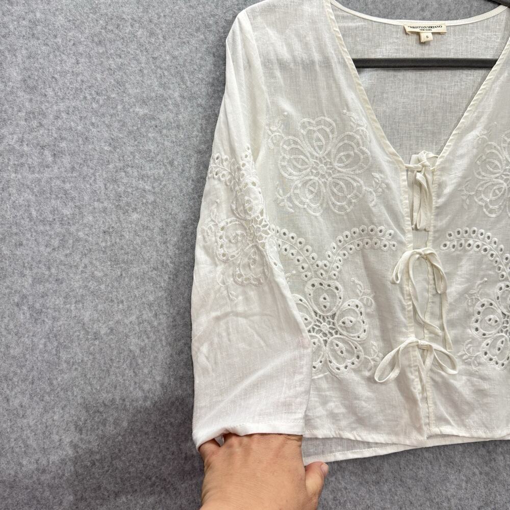 Christian Siriano Linen Blend Tie Front Top Sz S Cream Coquette Embroidered Boho - Picture 4 of 10